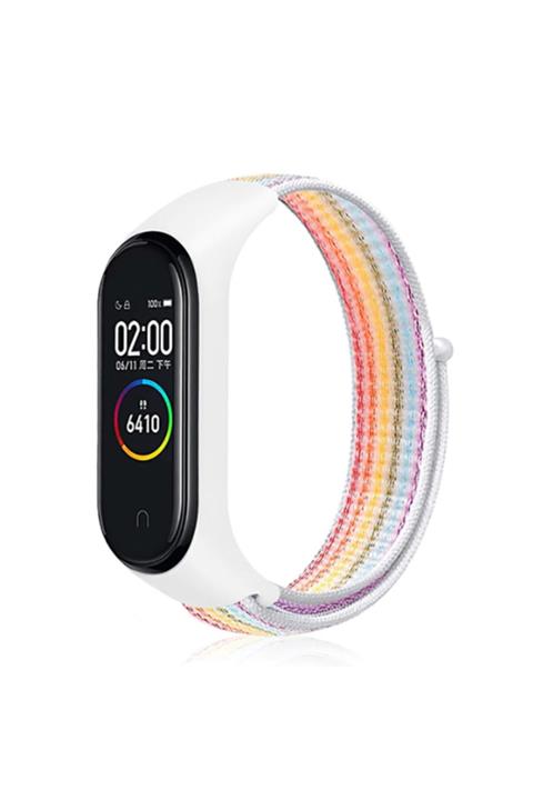 Xiaomi Mi Band 3/4 Uyumlu Örgü Işlemeli Ayarlanabilir Hasır Kayış Kordon Beyaz-gökkuşağı Krd-03