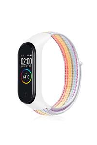 Xiaomi Mi Band 3/4 Uyumlu Örgü Işlemeli Ayarlanabilir Hasır Kayış Kordon Beyaz-gökkuşağı Krd-03