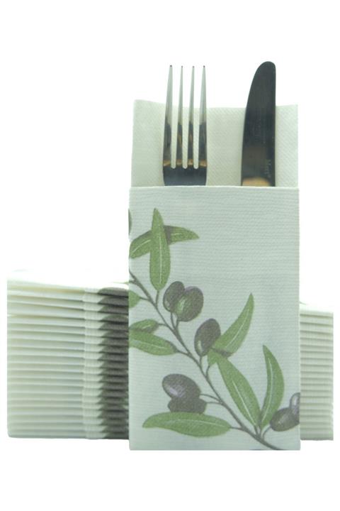 AIRLAID Zeytin Desenli Kumaş Dokulu Cepli Peçete 40x40 1/8 50'li Paket