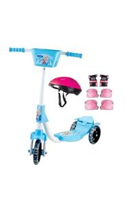 BEREN Kız Çocuk Silikon Tekerlekli Frenli Frozen Elsa Figürlü  Scooter + Kask Koruma Set