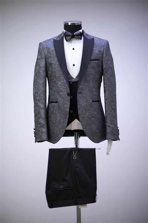 Moda Rabin Erkek Jakarlı Yelekli Gri Damatlık Tam Takım Elbise