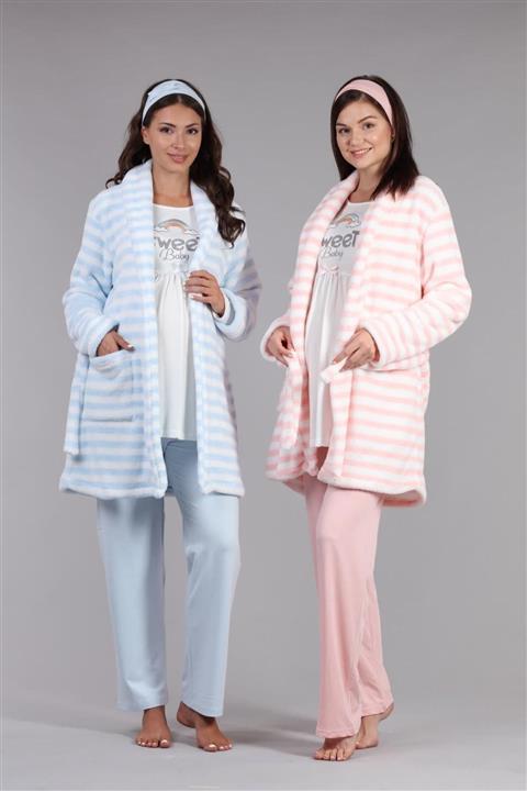 Lohussa Kadın Mavi Welsoft Polar Sabahlıklı Lohusa Hamile Pijama Takımı 3'lü Set