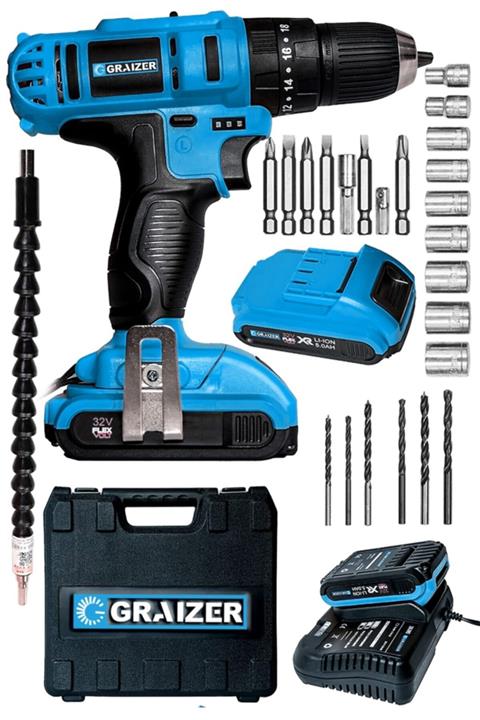 Graizer Alman 32 V 5 Ah (darbeli) Sjs Çift Metal Şanzuman Çift Akülü Şarjlı Vidalama Matkap + 24 Parça Set