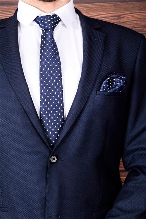 BZN Erkek Lacivert Mendilli Kravat