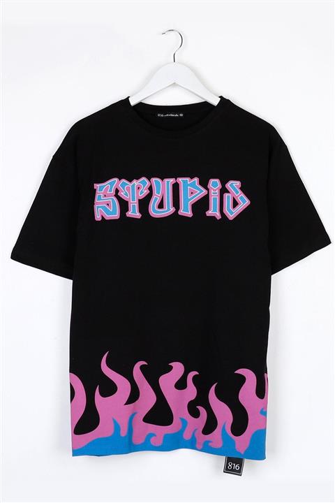 Sekizbiraltı Stupid Baskılı Siyah Oversize Unisex Tshirt