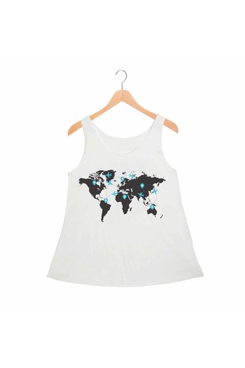 Alfa Tshirt Kadın  Dünya Haritası Travel  Atlet Standart Kesim