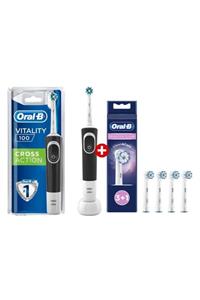 OralB Vitality Siyah D100 Cross Action Elektrikli Diş Fırçası Siyah + 3+1 Sensitive Clean Yedek Baş