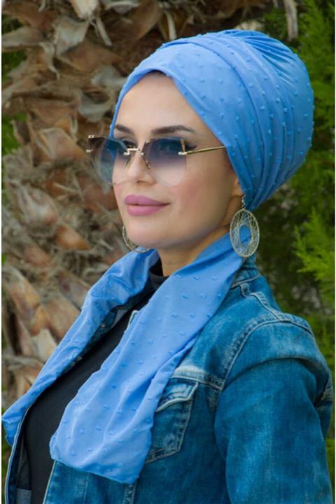 Aişe tesettür Mavi Ponpon Atkılı Bone