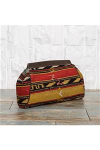 OA Fashion Kadın Hardal Renk Retro Tasarım Geometrik Kilim Desen Turuncu Deri Abiye Clutch Gece Çantası