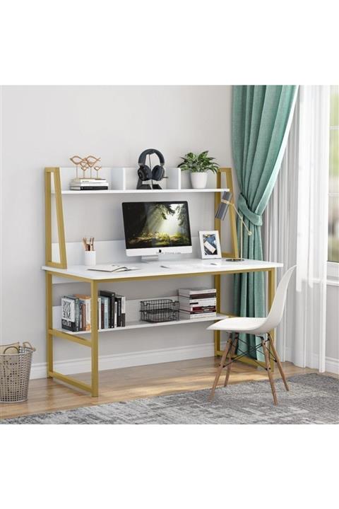 Zizuva Beyaz Gold Renk Ev Ofis Bilgisayar Oyuncu Gaming Raflı Kitaplıklı Metal Çalışma Masası