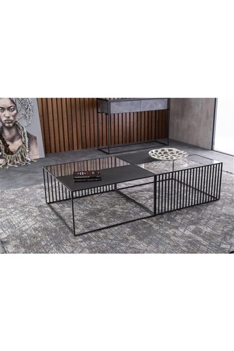 Passion Metal Camlı Siyah Orta Masa 2 Li Fonksiyonel Metal Orta Sehpa Ikili Özel Tasarım Masa