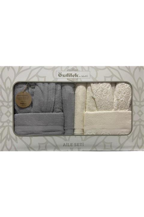 Özdilek Destan Krem-gri Aile Bornoz Seti