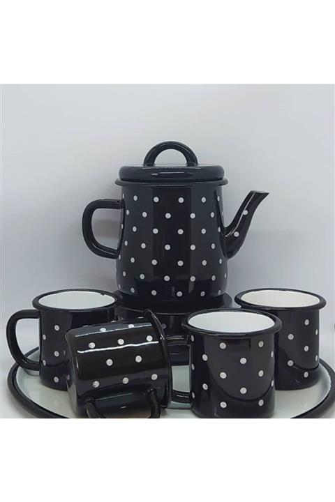 Simay Ticaret Ebruli Emaye Siyah Puantiyeli Çay Seti 4 Kişilik