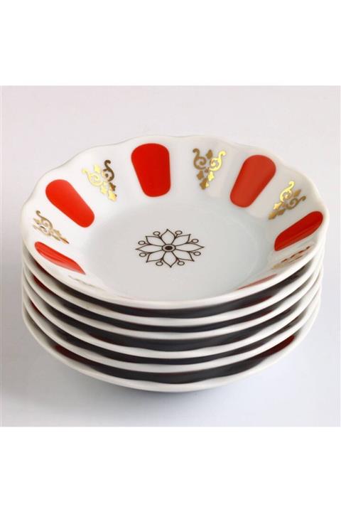 Porland 6 Kişilik Porselen Kahveci Çay Tabağı Kırmızı Gold