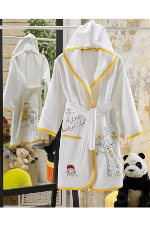 ALKINOOZ Pamuklu 3d Nakışlı Hayvan Desenli Beyaz Sarı Renkli Kapşonlu Çocuk Bornoz