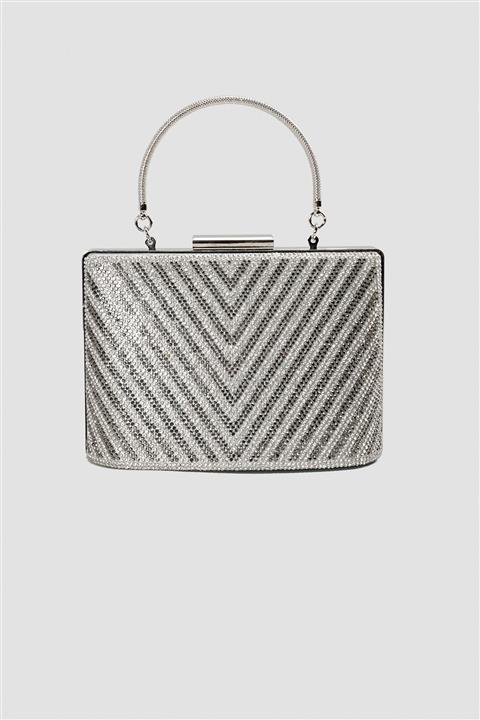 Jilberto Tamra Gümüş Taşlı Üçgen Desenli Abiye Çanta
