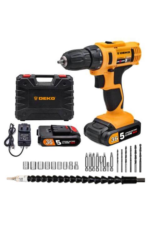 DEKO Alman 36 V 5 Ah Darbeli Metal Dişli Şanzuman Çift Akülü Şarjlı Vidalama Matkap + 27 Parça Set