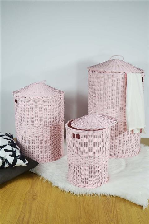 SepetçiBaba Pembe Rattan Hasırı Çamaşır Sepeti 3'lü