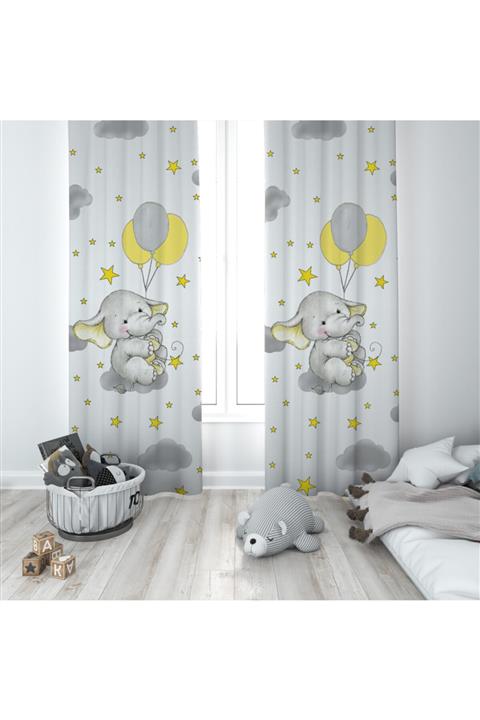 MEKTA HOME Bebek Ve Çocuk Odası Sevimli Yavru Fil Desenli Fon Perde Mktyfp-004