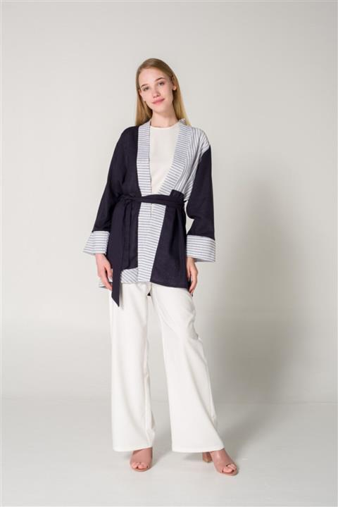 Mizalle Parçalı Keten Lacivert Kimono