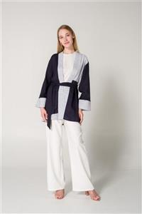 Mizalle Parçalı Keten Lacivert Kimono