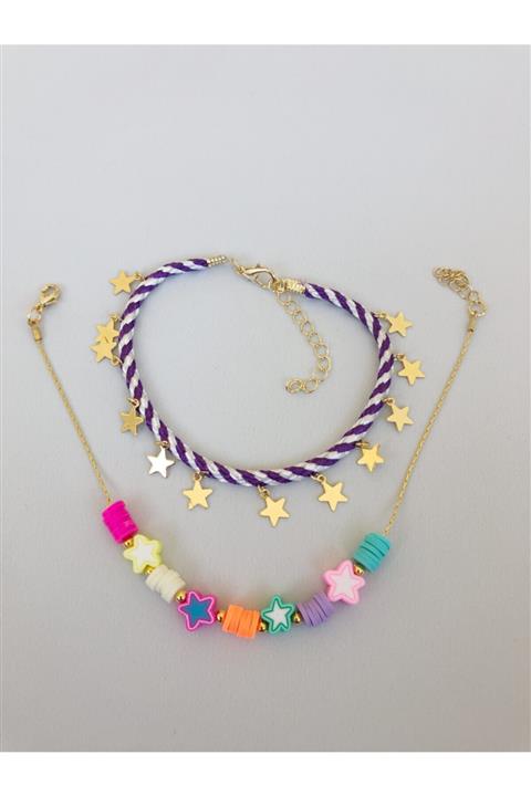 TONESOFFİCİAL Renkli Mor Ipli Fimo Boncuklu Yıldızlı Halhal Seti