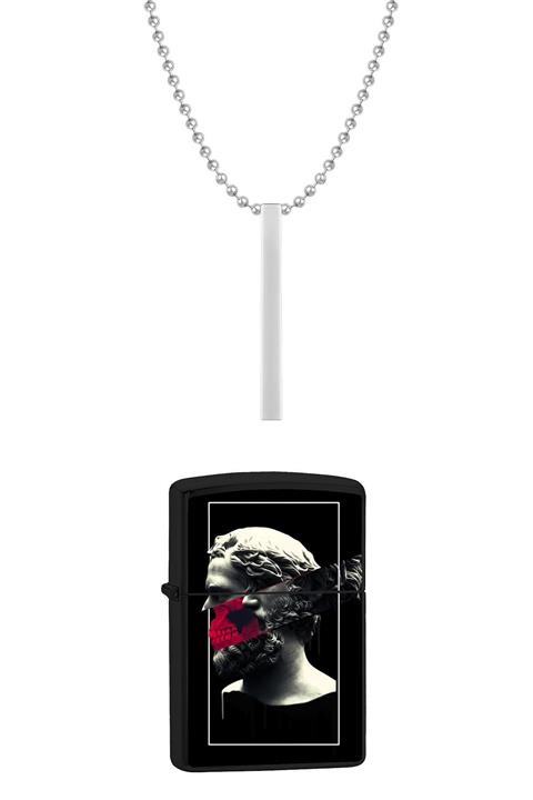 Noon Collection Noon Heykel Figürlü Siyah Çakmak Kolye Set Nn9205-02