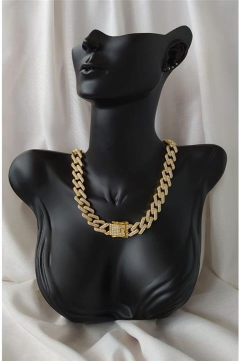 Eva Takı Prong Cuban Chain Altın Kaplama Zirkon Taşlı Kolye