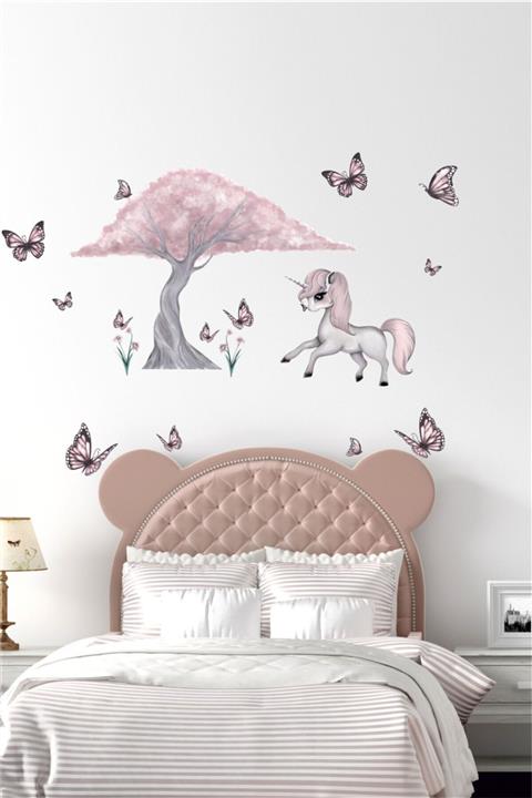BK Decor Sevimli Unicorn Ağaç ve Kelebekler Çocuk Odası Duvar Sticker