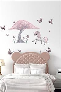 BK Decor Sevimli Unicorn Ağaç ve Kelebekler Çocuk Odası Duvar Sticker