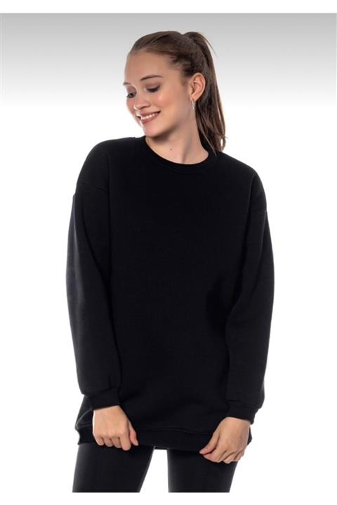 JAKARLI Unisex Içi Pamuklu Oversize Siyah Basic Bisiklet Yaka Sweatshirt