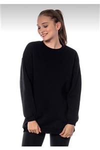 JAKARLI Unisex Içi Pamuklu Oversize Siyah Basic Bisiklet Yaka Sweatshirt