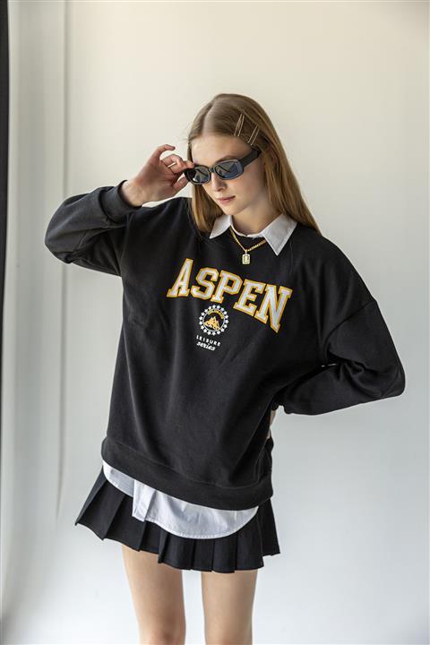 Bases Siyah Bisiklet Yaka Içi Polarlı Baskılı Oversize Sweatshirt