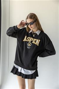 Bases Siyah Bisiklet Yaka Içi Polarlı Baskılı Oversize Sweatshirt