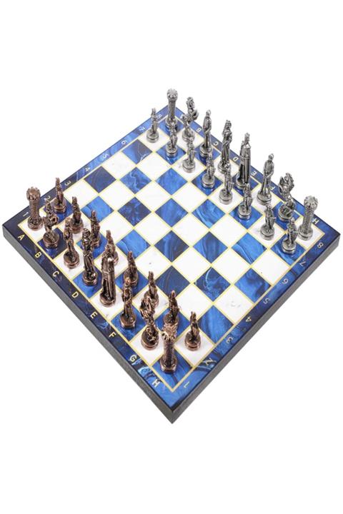 CİMCİME OYUNCAK Lüks Metal Satranç Takımı Krom Kaplama Bizans Ordusu Bronz & Gök Mavi Mermer Desenli Tahta