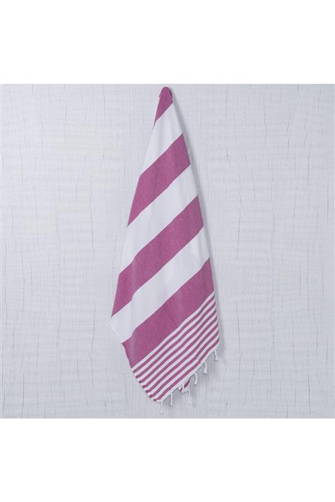 Hare Peştemal Ladon Plaj Havlusu Pamuklu Jakarlı Beyaz Fuşya 95x180