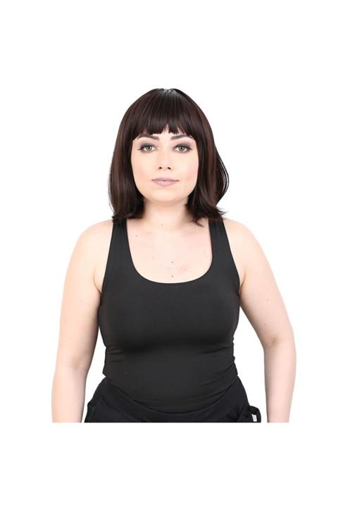 Peruk Market Koyu Kahve Kısa Küt Perçemli Fiber Sentetik Peruk