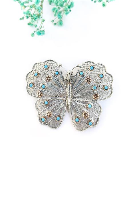 MAGNAMİNA Kelebek Model Turkuaz Taşlı Telkari Gümüş Broş