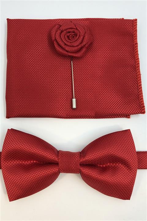 Quesste Accessory Erkek Kırmızı Armür Desenli Papyon Mendil Yaka Iğneli 3'lü Takım Set