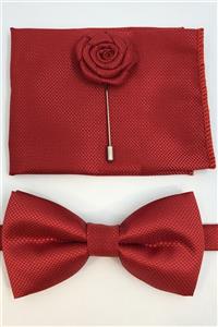 Quesste Accessory Erkek Kırmızı Armür Desenli Papyon Mendil Yaka Iğneli 3'lü Takım Set