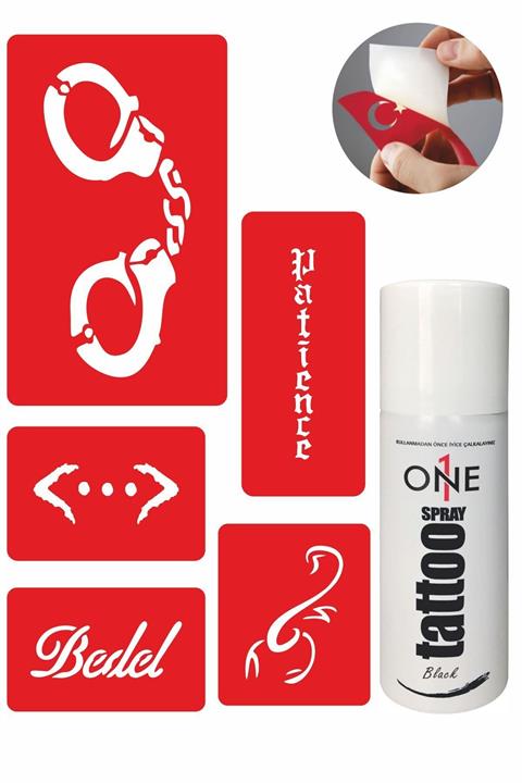 ONE SPRAY TATTOO Kelepçe Dövme Seti Siyah Sprey Ve 5 Desen