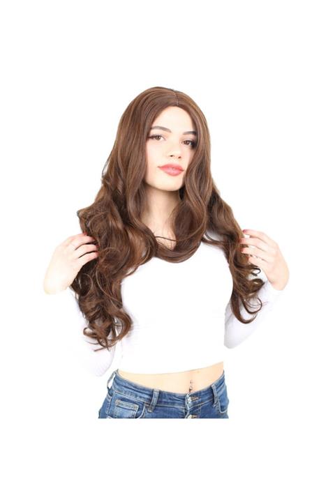 Peruk Market Yoğun Dalgalı Fiber Sentetik Uzun Perçemsiz Kahve Karamel Peruk