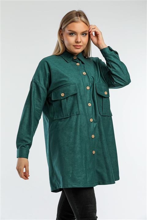 ensade Yeşil Oversize Cepli Süet Kumaş Gömlek