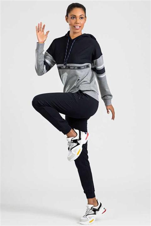 Tommy Life Kol Baskılı Gri Melanj-Lacivert Kadın Eşofman Takım 3486