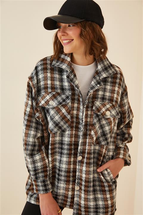 Happiness İst. Kadın Gri Kiremit Kareli Oversize Kaşe Gömlek Ceket DP00131
