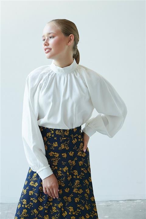 mavi limon Yüksek Yaka Büzgülü 55 cm Keten Gömlek