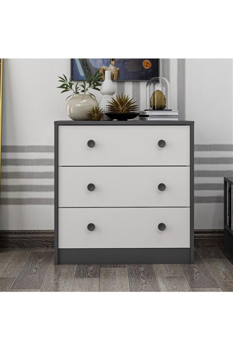 BMdekor Life 3 Çekmece Beyaz Antrasit Şifonyer
