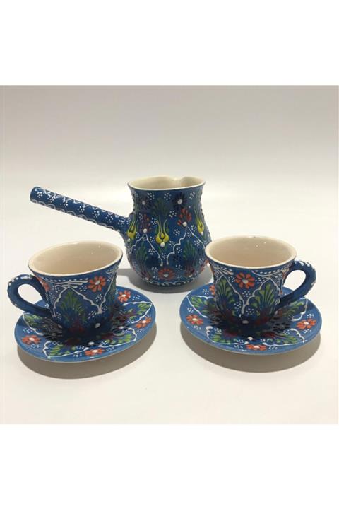 İlbay Çini Takı Cezveli 2li Kahve Fincanı Seti Dantel Desen Mavi