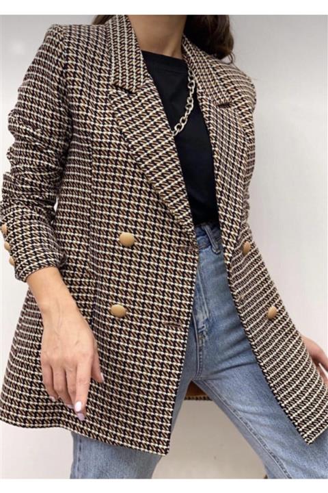 PELİŞİN BUTİĞİ Kadın Kahverengi Desenli Astarlı Kruvaze Blazer Ceket