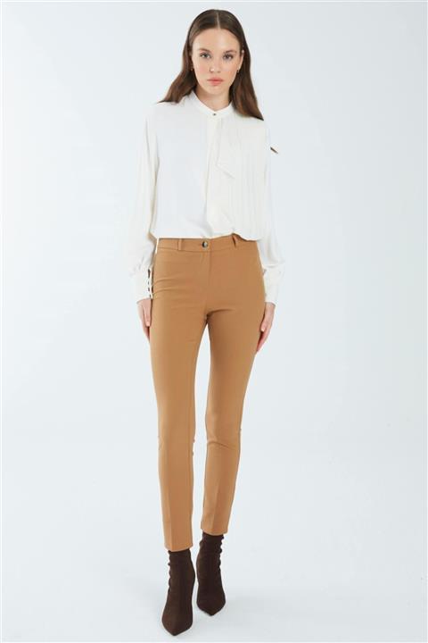 Zühre Dar Paça Yüksek Bel Koyu Bej Pantolon P-0127
